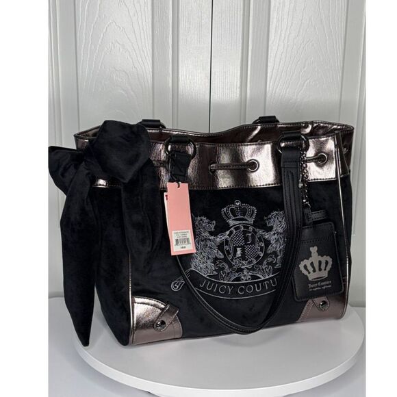 Juicy Couture Classic Scottie Dog Tote Bag Black Velour Metallic Trim HTF Viral - Picture 3 of 15